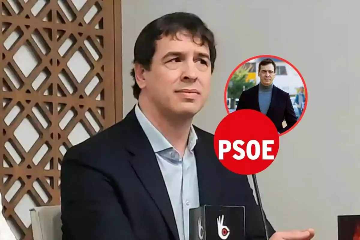 Hombre con chaqueta oscura y camisa clara sentado frente a un micrófono, con un círculo rojo que tiene el texto PSOE y la imagen de otra persona en el fondo