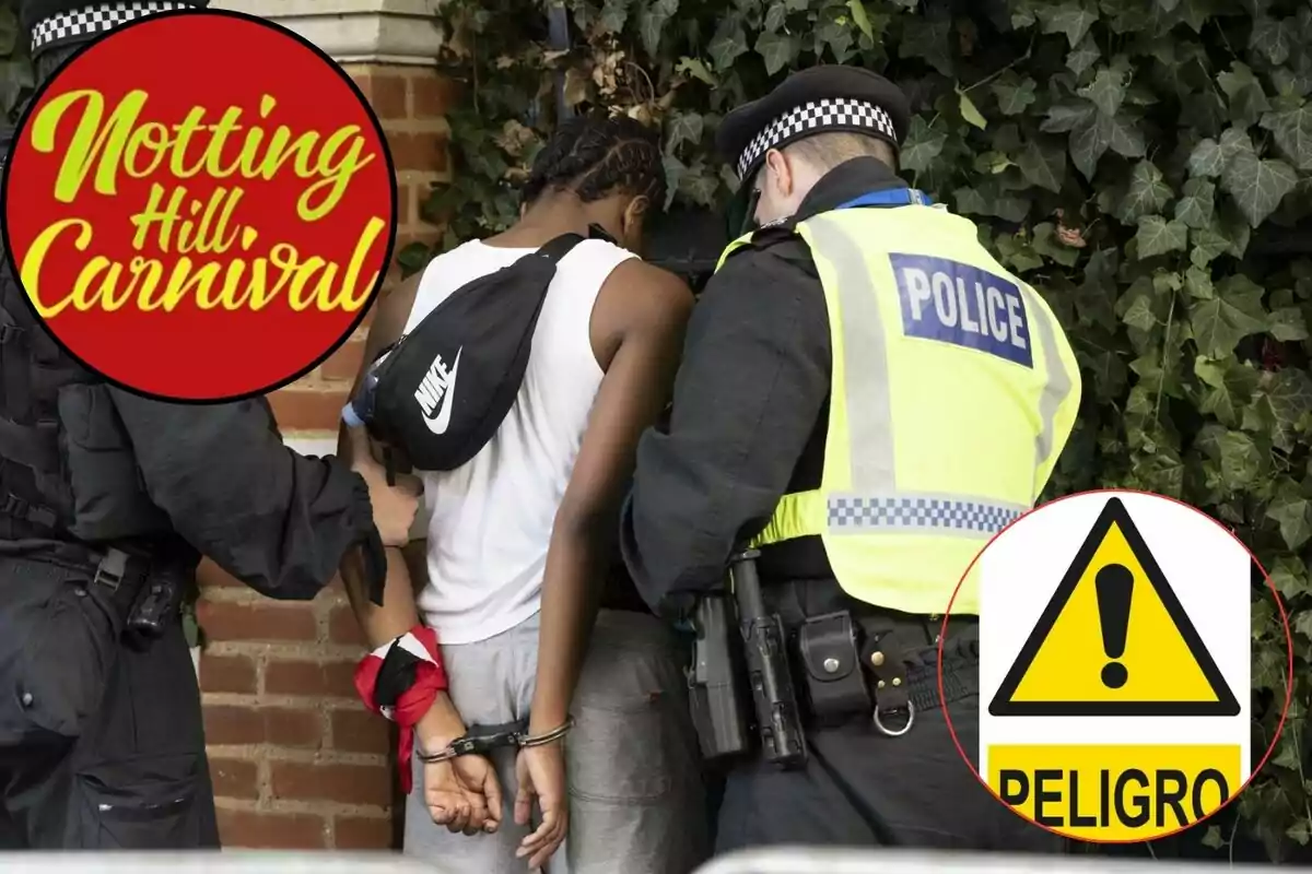 Una persona con las manos esposadas es escoltada por dos policías, uno de los cuales lleva un chaleco con la palabra "POLICE". La imagen está superpuesta con dos gráficos: uno que dice "Notting Hill Carnival" y otro con un signo de exclamación y la palabra "PELIGRO".