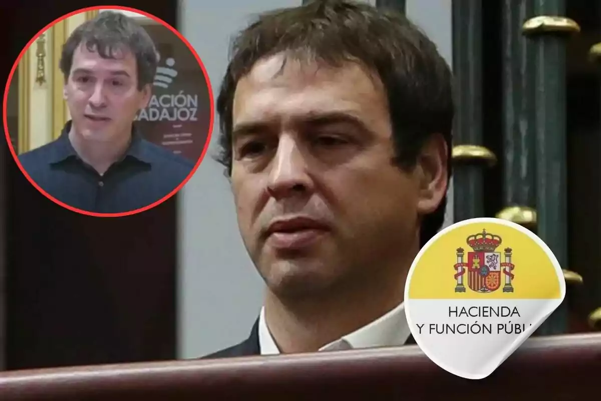 Un hombre con expresión seria aparece en primer plano, mientras que en un recuadro rojo en la esquina superior izquierda se muestra otra imagen del mismo hombre con una expresión diferente; en la esquina inferior derecha hay un logo del Ministerio de Hacienda y Función Pública de España.