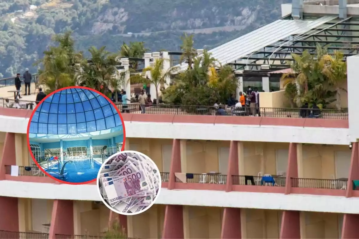 Un edificio con balcones y una terraza con personas, rodeado de vegetación y montañas, con imágenes superpuestas de una piscina cubierta y billetes de euro.
