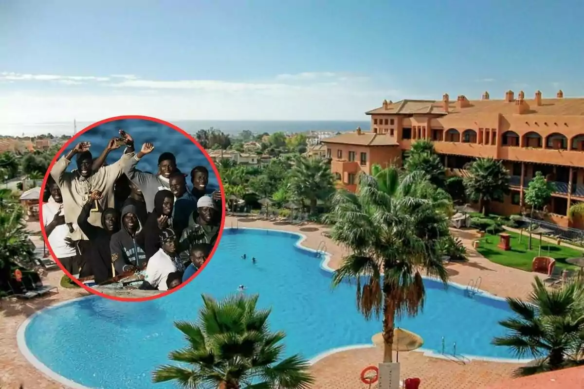 An outdoor swimming pool surrounded by palm trees and a Mediterranean-style building with a group of people in a circle superimposed on the image.