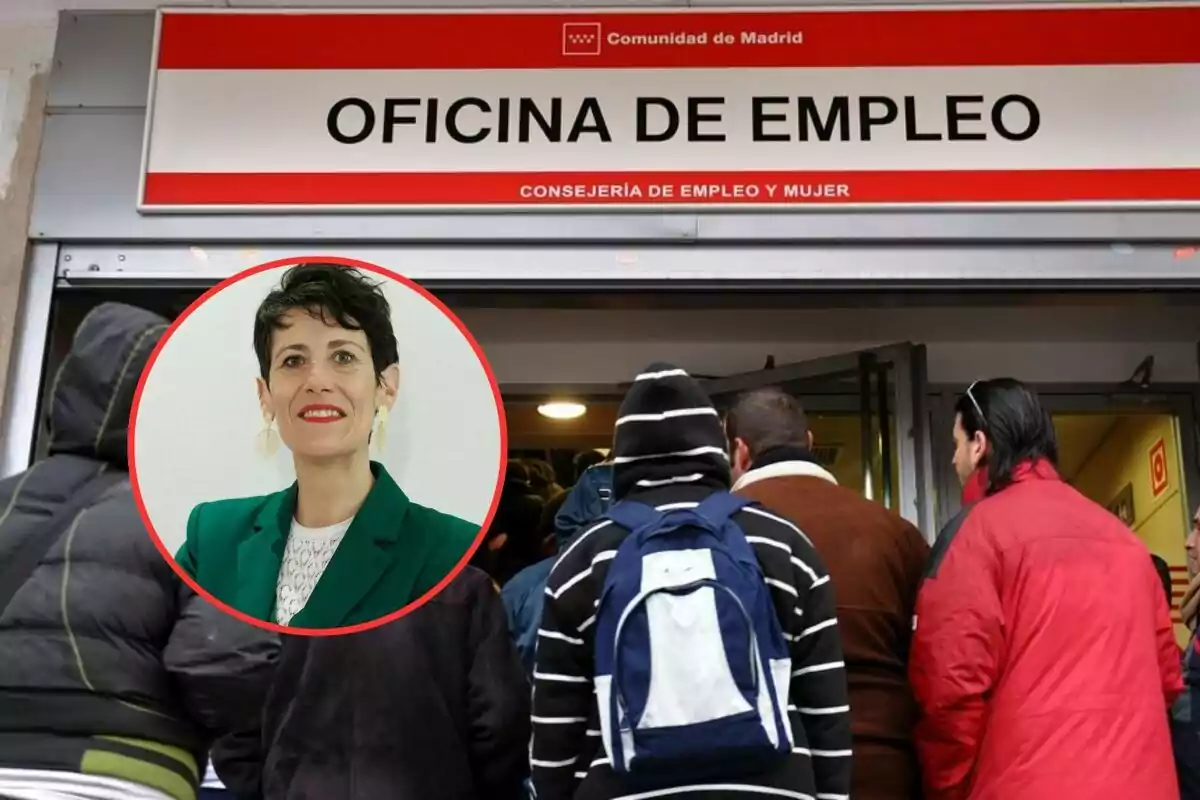 People standing in line at the entrance of an employment office in Madrid with an inset showing a smiling woman.