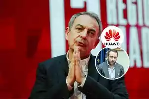 Un hombre con las manos juntas frente a un fondo rojo, con un logotipo de Huawei y una imagen circular de otra persona.