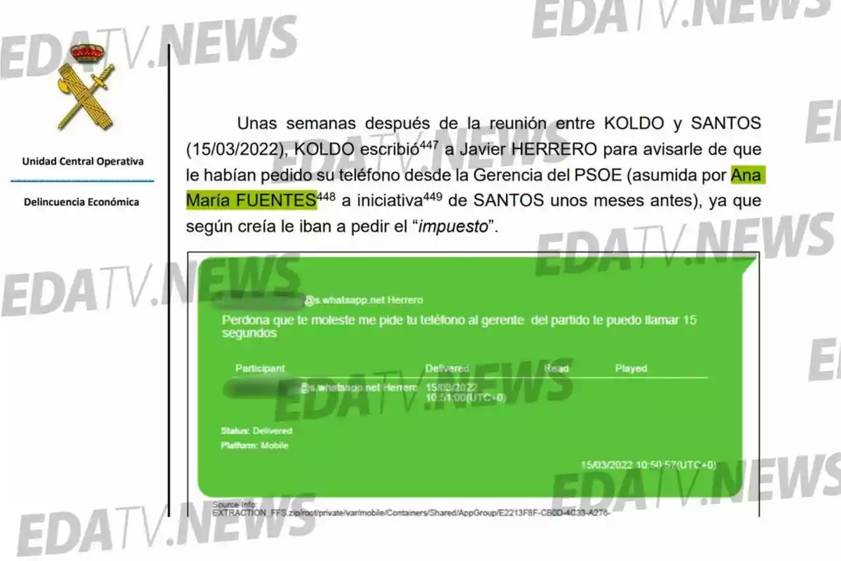 Documento de la Unidad Central Operativa sobre delincuencia económica con un extracto de conversación de WhatsApp y el nombre Ana María Fuentes resaltado en amarillo Documento de la Unidad Central Operativa sobre delincuencia económica con un extracto de conversación de WhatsApp y el nombre Ana María Fuentes resaltado en amarillo