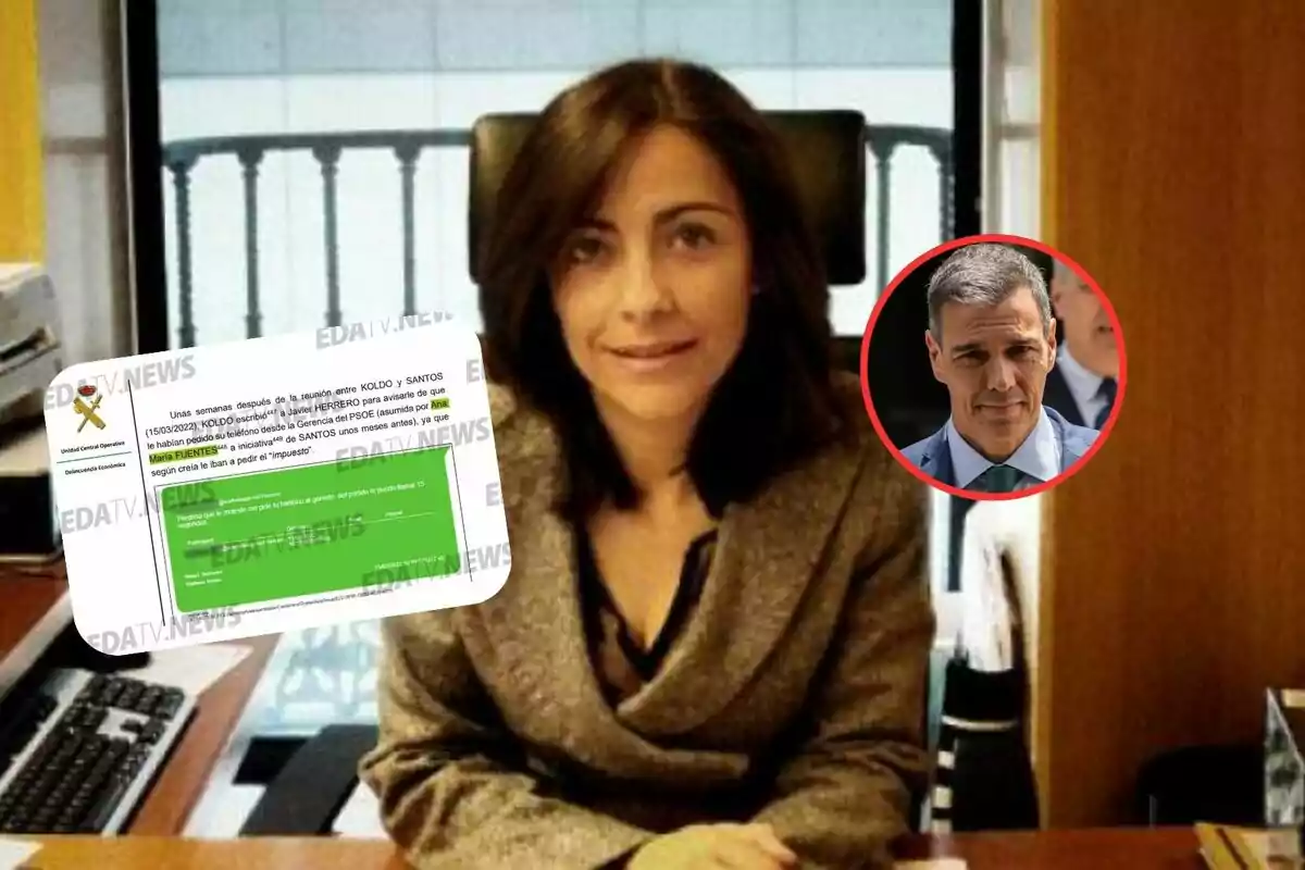 Mujer de cabello oscuro sentada en una oficina con un documento superpuesto y un círculo rojo que muestra el rostro de un hombre en la esquina derecha