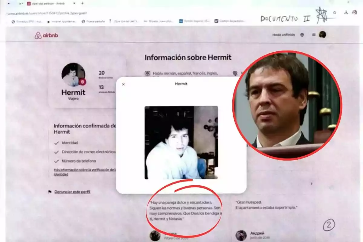 Una página de perfil de Airbnb muestra información sobre un usuario llamado Hermit, con una foto de perfil y detalles de contacto verificados; hay un comentario resaltado que elogia a Hermit y a otra persona llamada Natasia, y una imagen adicional de un hombre en un círculo rojo.