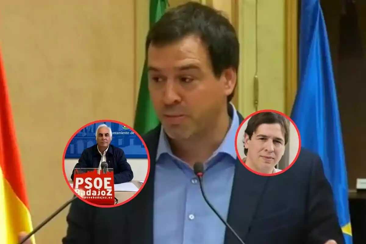 Un hombre hablando en un podio con dos imágenes circulares superpuestas de otras personas, una con un cartel del PSOE Badajoz.