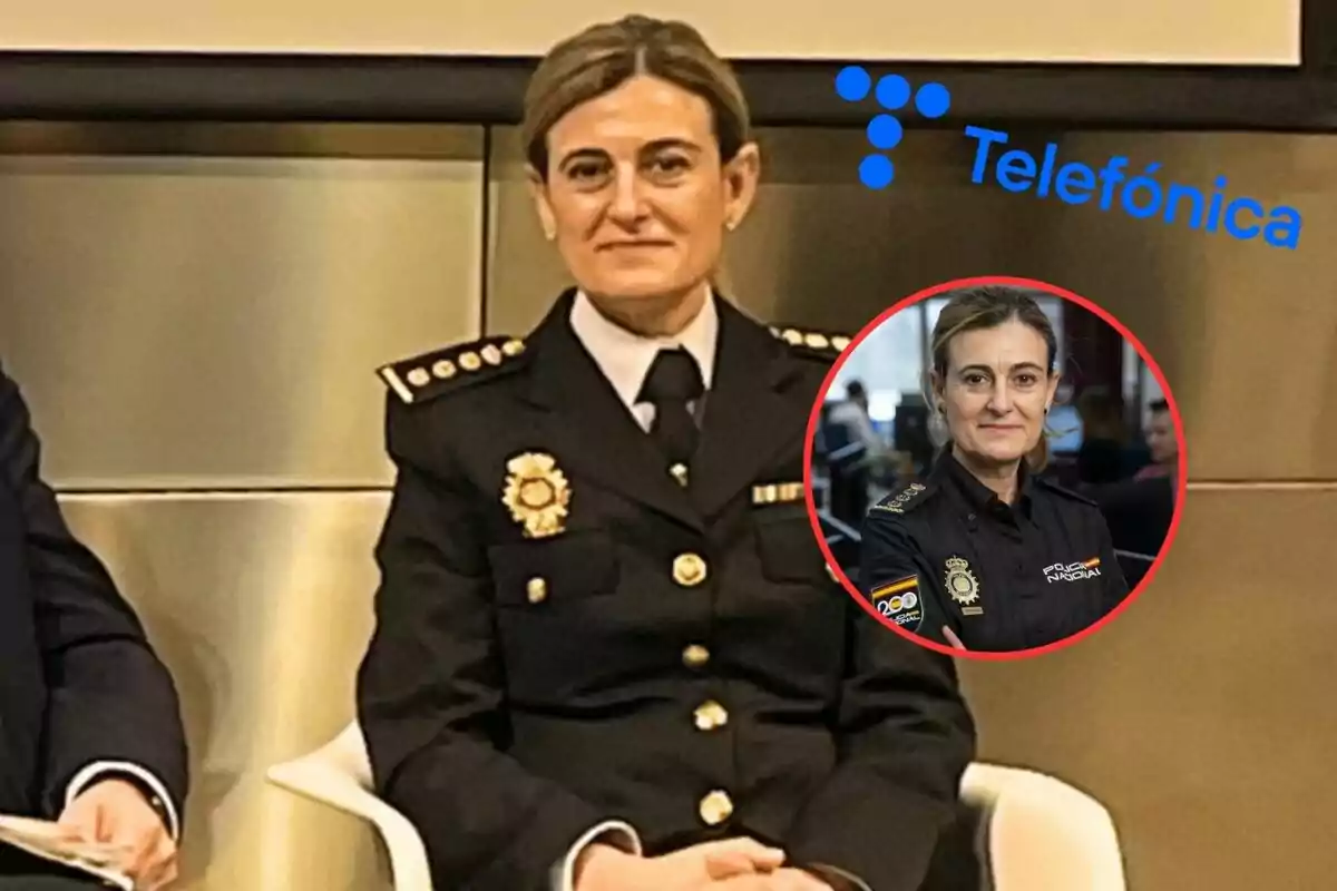 Una persona con uniforme de policía sentada en una silla, con el logo de Telefónica en la esquina superior derecha y un recuadro circular mostrando un retrato de la misma persona en otro uniforme.