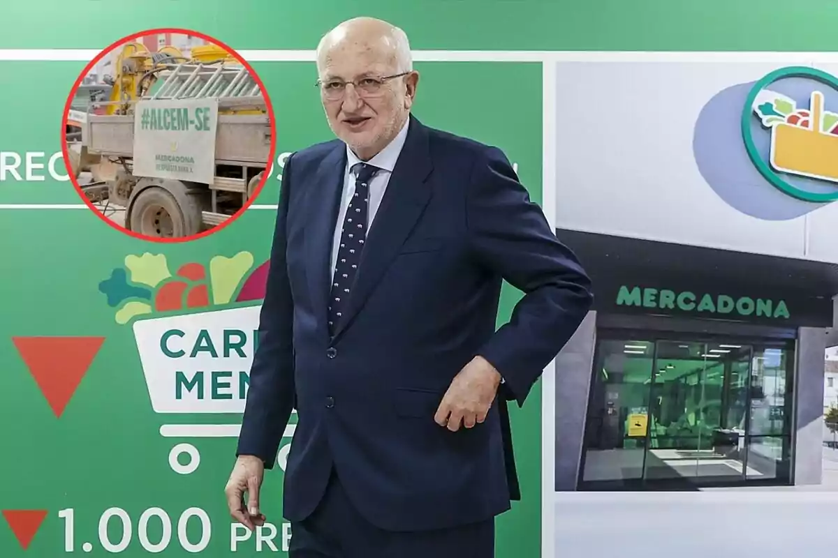 Un hombre de traje posa frente a un cartel de Mercadona con un recuadro que muestra un camión con un cartel que dice "#ALCEM-SE".