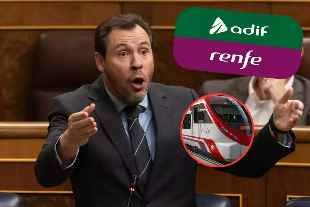 Un hombre gesticula en un entorno formal, mientras se muestran los logotipos de Adif y Renfe junto a la imagen de un tren.