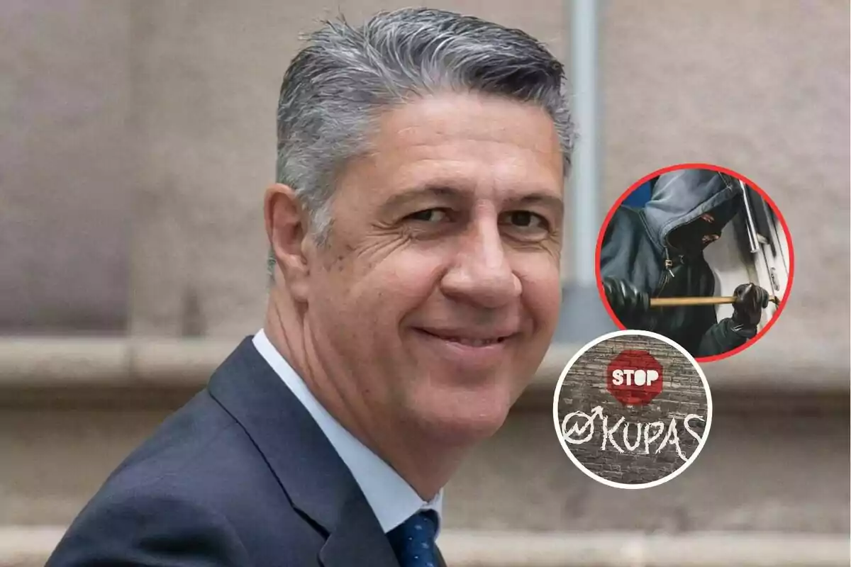 Un hombre de cabello canoso sonríe mientras lleva un traje oscuro y corbata azul; en la esquina inferior derecha hay un gráfico con un ladrón encapuchado y un letrero que dice "STOP @KUPAS".