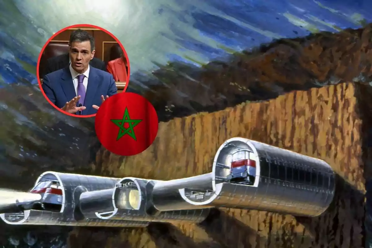 Una ilustración muestra un túnel futurista con trenes en su interior, mientras que en la parte superior izquierda hay un círculo con la imagen de un hombre hablando y una bandera roja con una estrella verde.