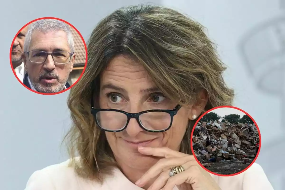 Una mujer con gafas sonríe mientras observa algo, con dos imágenes circulares superpuestas que muestran a un hombre con gafas y un montón de escombros.