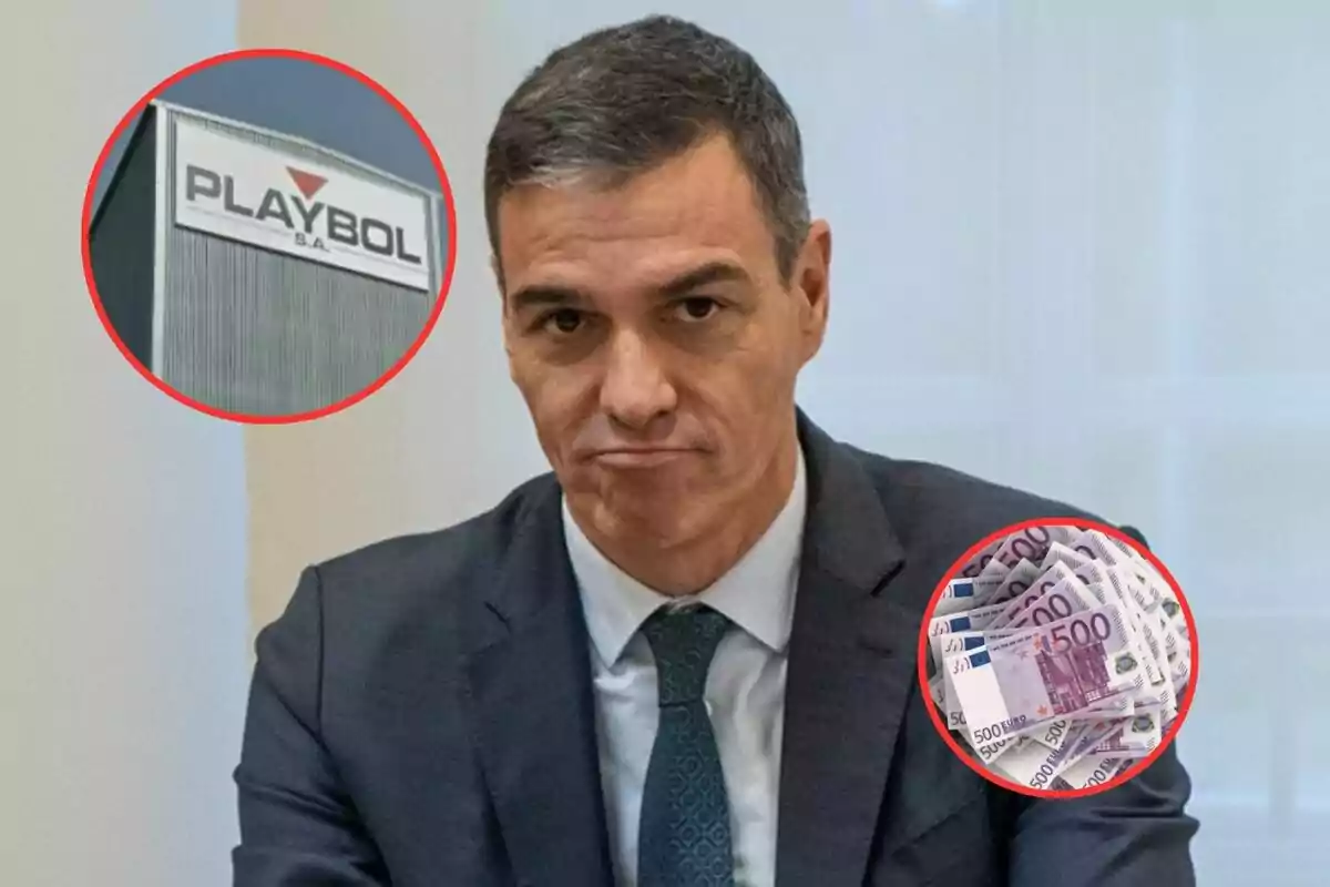 Un hombre con expresión seria, con dos círculos rojos que muestran un edificio con el letrero "PLAYBOL S.A." y un montón de billetes de 500 euros.