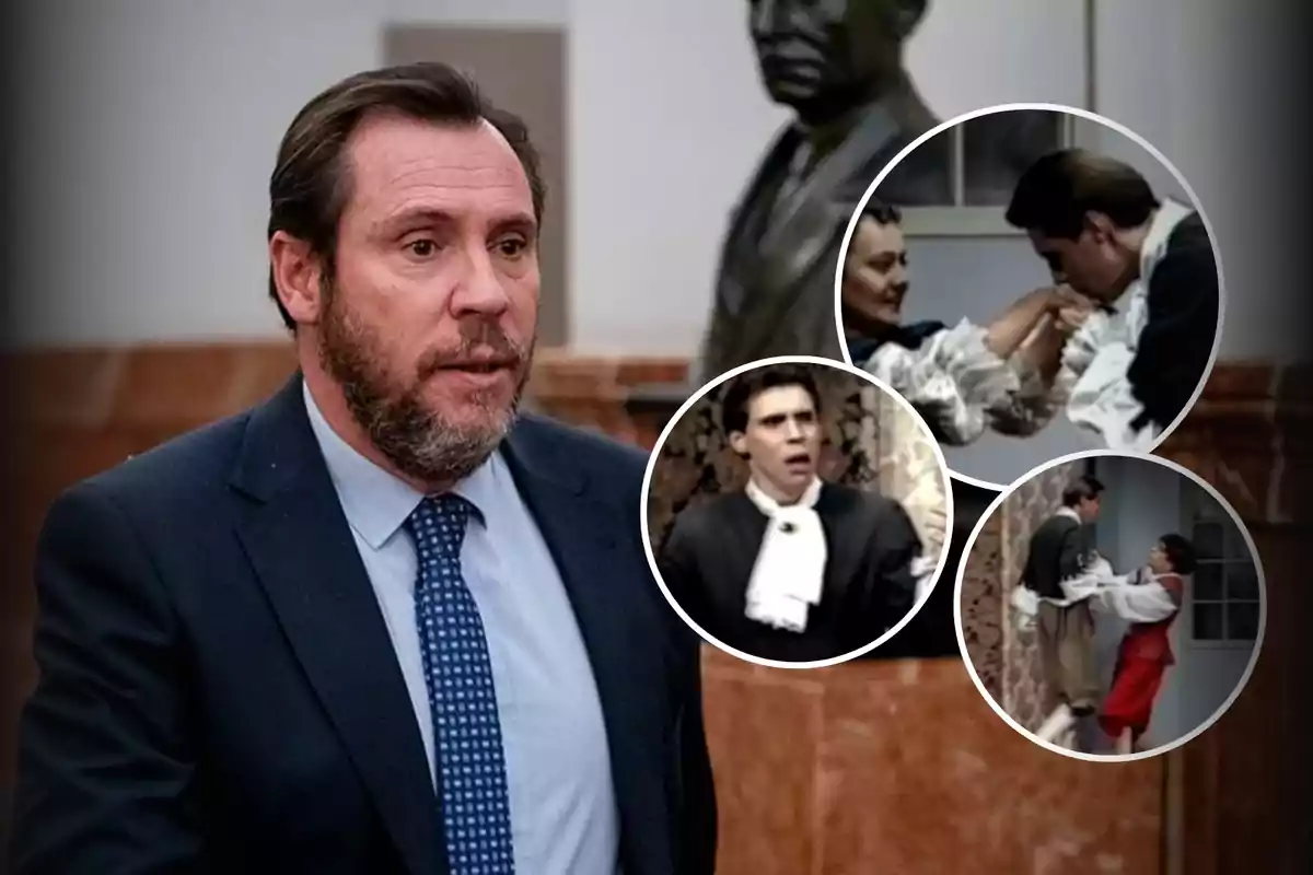 Un hombre con traje y corbata aparece en primer plano mientras que en el fondo se observan tres imágenes circulares de una obra teatral con personajes vestidos con trajes de época.