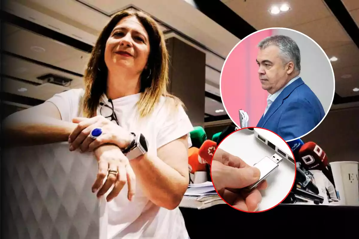 Mujer de pie junto a una mesa con micrófonos, con dos recuadros circulares que muestran a un hombre de traje y una mano insertando una memoria USB en una computadora
