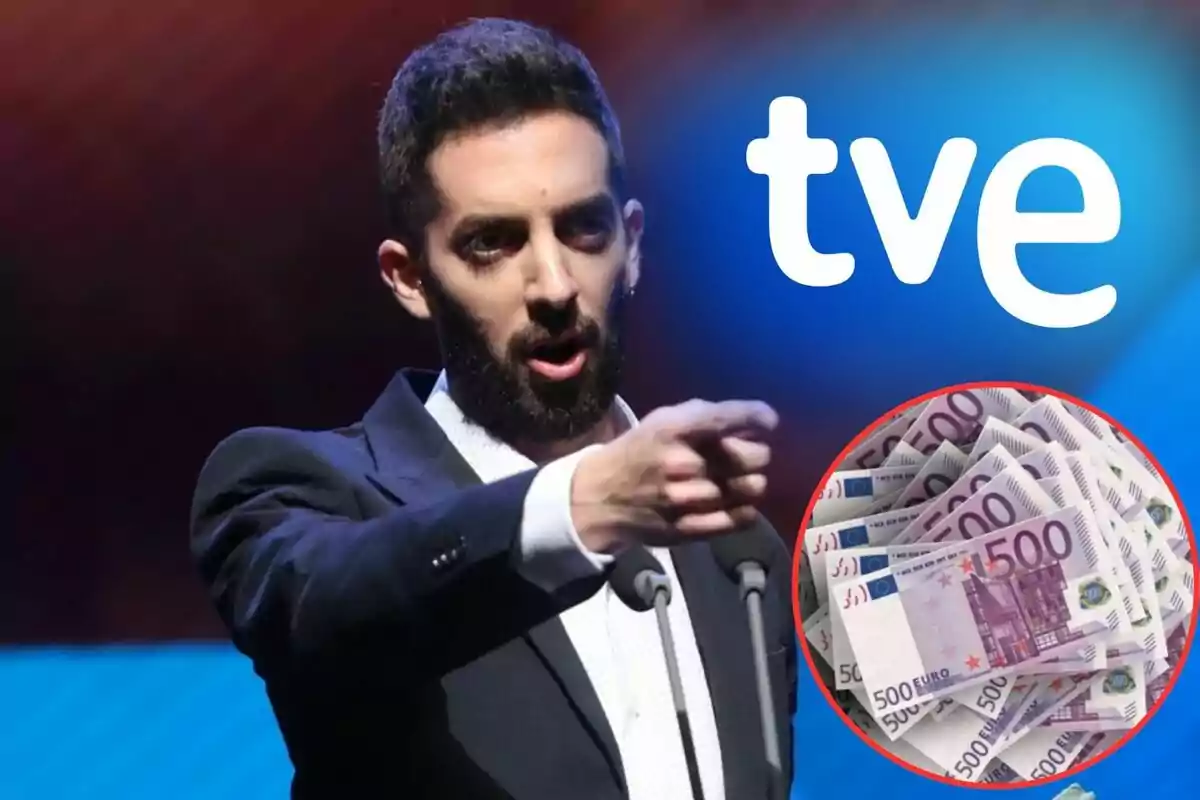 Hombre de traje señalando con el dedo, con el logo de TVE y una imagen de billetes de 500 euros en el fondo.