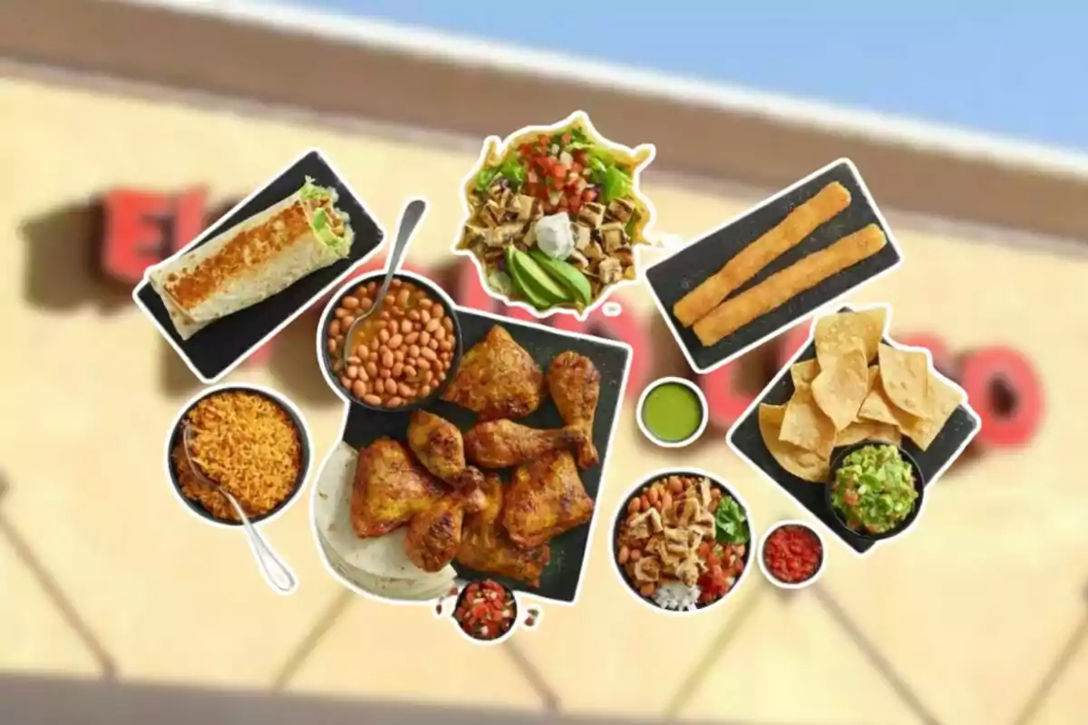 Variety of Mexican dishes such as grilled chicken, burrito, salad, rice, beans, chips with guacamole, churros, and salsa on a blurred restaurant background. Variety of Mexican dishes such as grilled chicken, burrito, salad, rice, beans, chips with guacamole, churros, and salsa on a blurred restaurant background.
