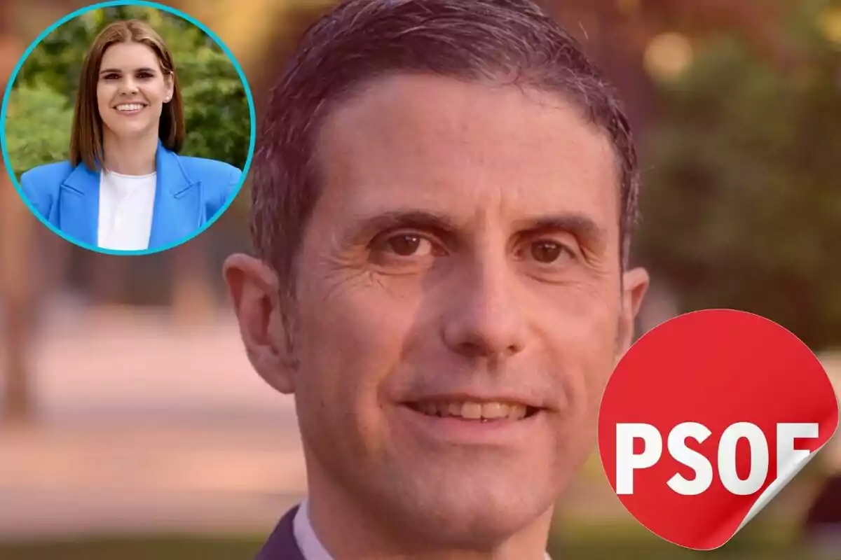 Primer plano de un hombre con un logotipo del PSOE en la esquina inferior derecha y una imagen insertada de una mujer en la esquina superior izquierda.