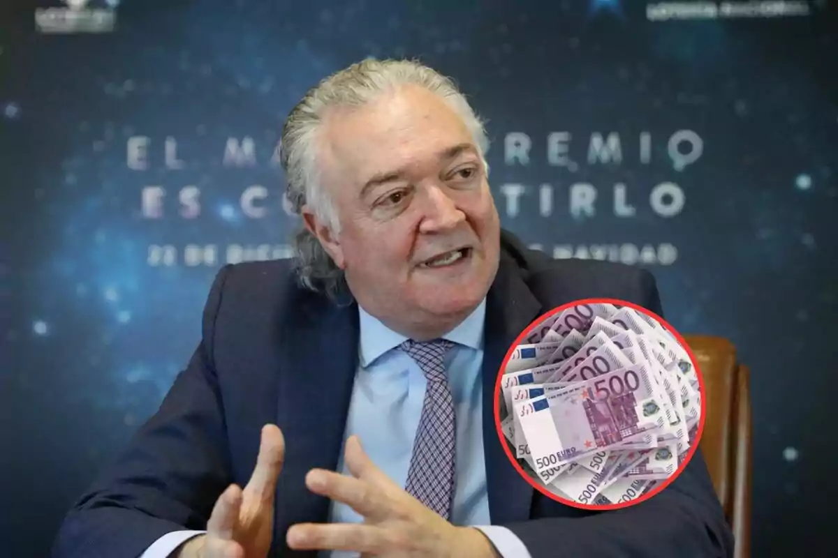 A man in a suit talking with a blue background and a circle showing 500 euro bills.