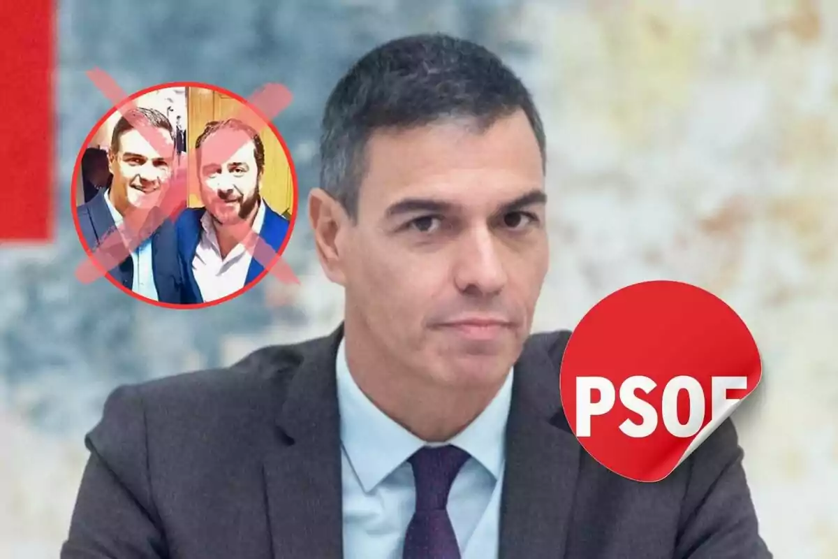 Un hombre en traje con un logotipo del PSOE y una imagen tachada de dos personas en un círculo rojo.