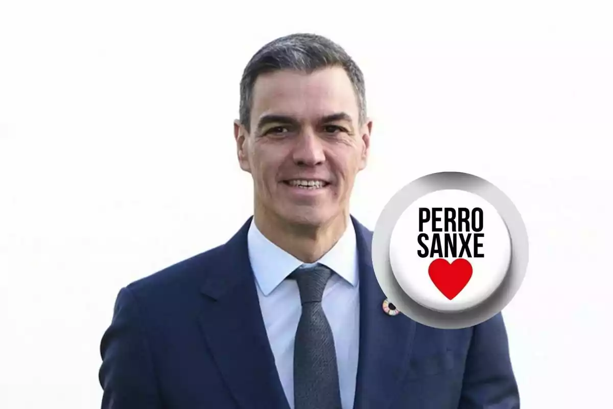 Un hombre con traje oscuro y corbata sonríe mientras un gráfico circular con un corazón rojo y las palabras "Perro Sanxe" aparece superpuesto en la imagen.