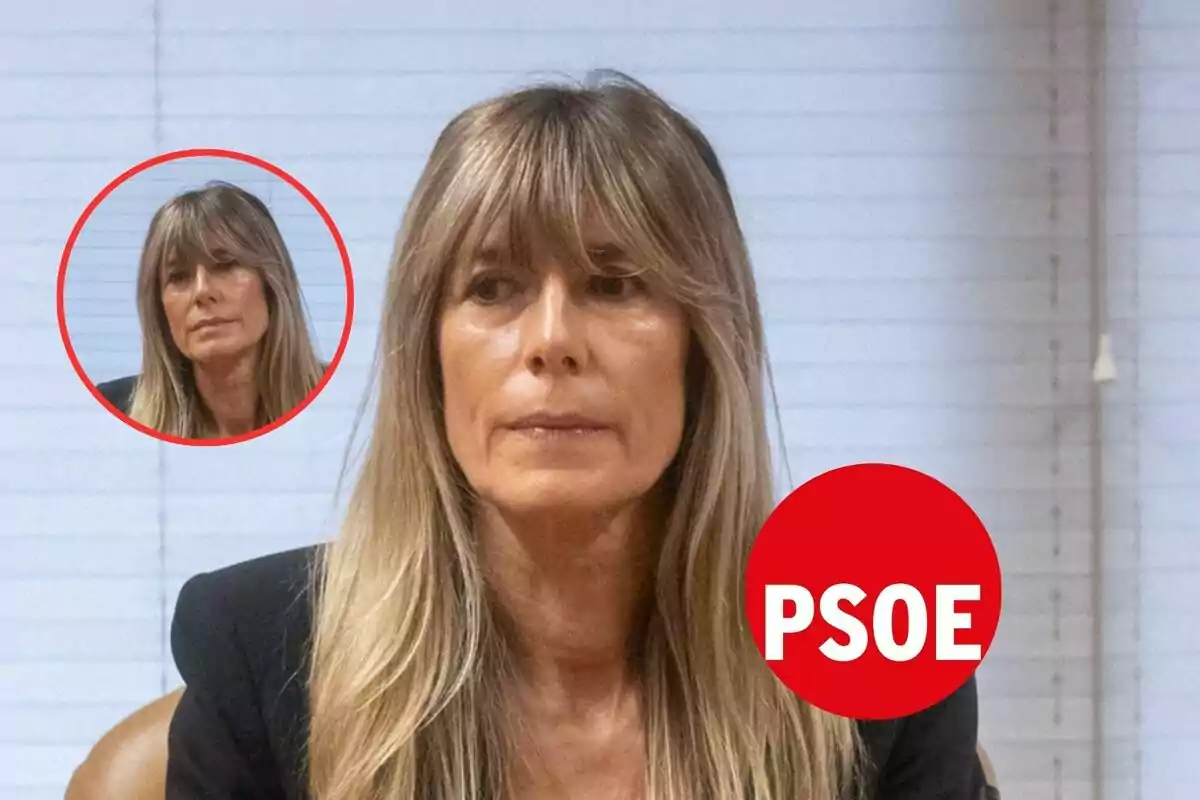 Mujer con cabello rubio y flequillo en una oficina con el logo del PSOE en la esquina.