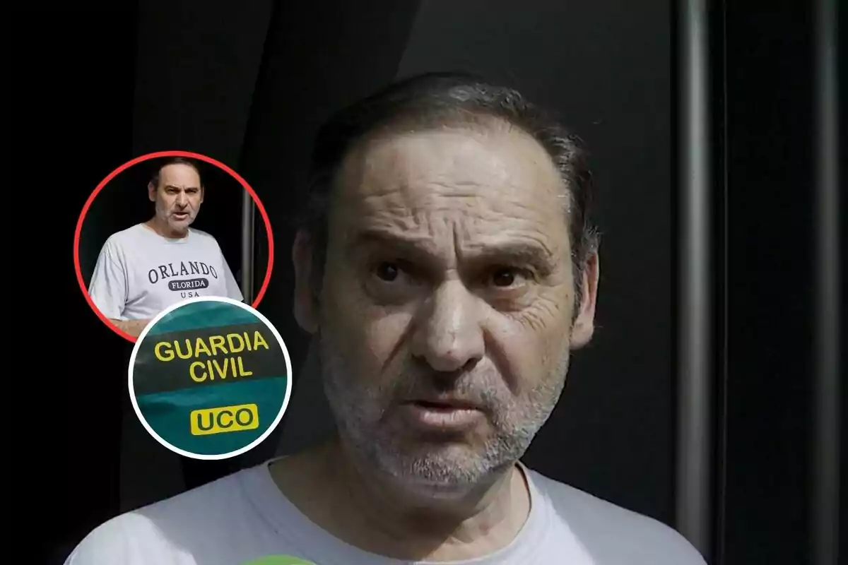 Hombre de mediana edad con expresión seria, al fondo un círculo muestra la imagen de la misma persona con camiseta clara y otro círculo muestra el logo de la Guardia Civil UCO