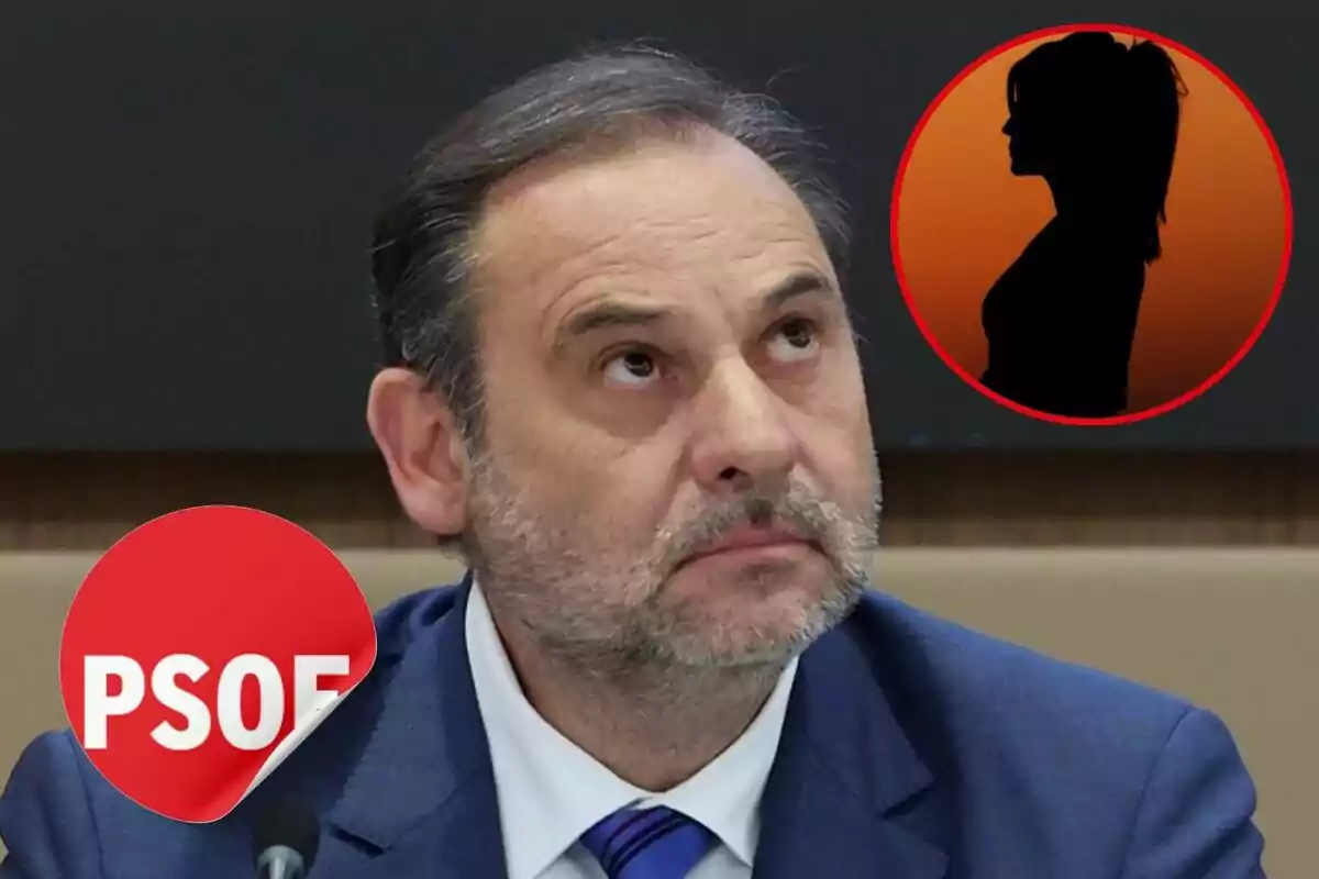 Un hombre con barba y traje azul mira hacia arriba con un logotipo del PSOE en la esquina y un círculo rojo con la silueta de una mujer sobre un fondo naranja.