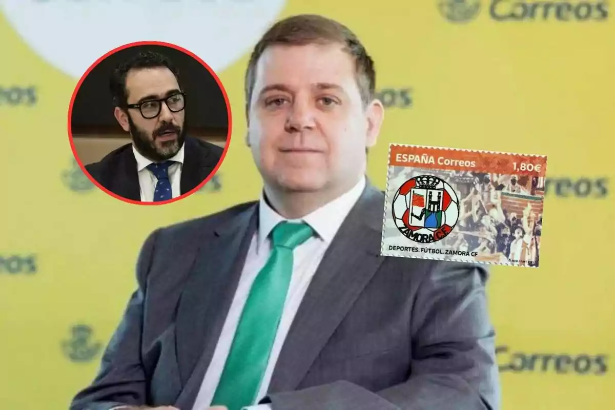 Un hombre con traje y corbata verde frente a un fondo amarillo de Correos con un sello de España en la esquina y un recuadro rojo con otra persona.