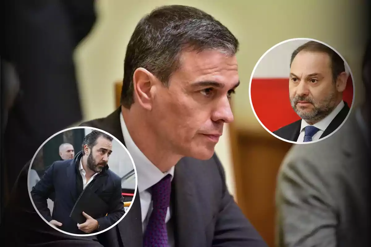 Un hombre de perfil en primer plano con dos imágenes circulares superpuestas mostrando a otros dos hombres en diferentes contextos.