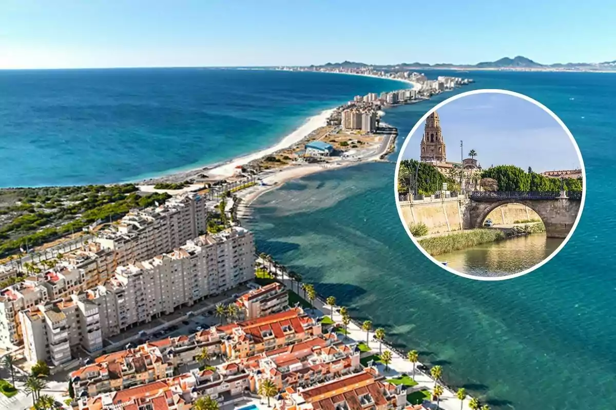 Vista aérea de una ciudad costera con edificios junto al mar y un recuadro que muestra un puente y una iglesia.