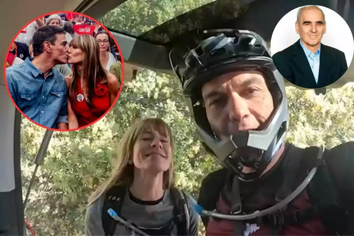 Una pareja se toma una selfie mientras practican ciclismo de montaña, con un recuadro que muestra a la misma pareja besándose en un evento y otro recuadro con la imagen de un hombre mayor con traje.