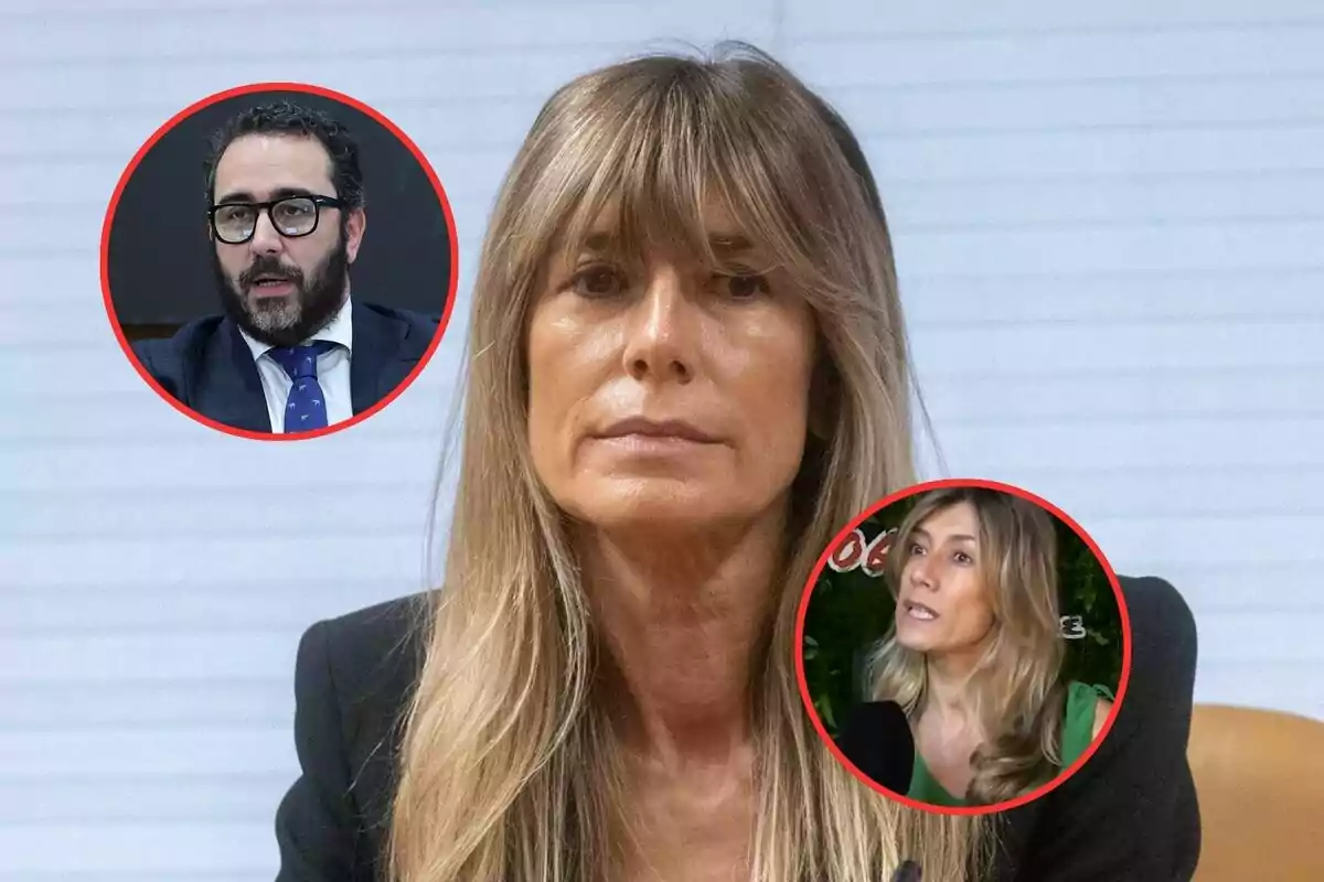 Una mujer de cabello rubio aparece en primer plano, con dos imágenes circulares superpuestas que muestran a un hombre con barba y gafas y a otra mujer hablando frente a un micrófono.