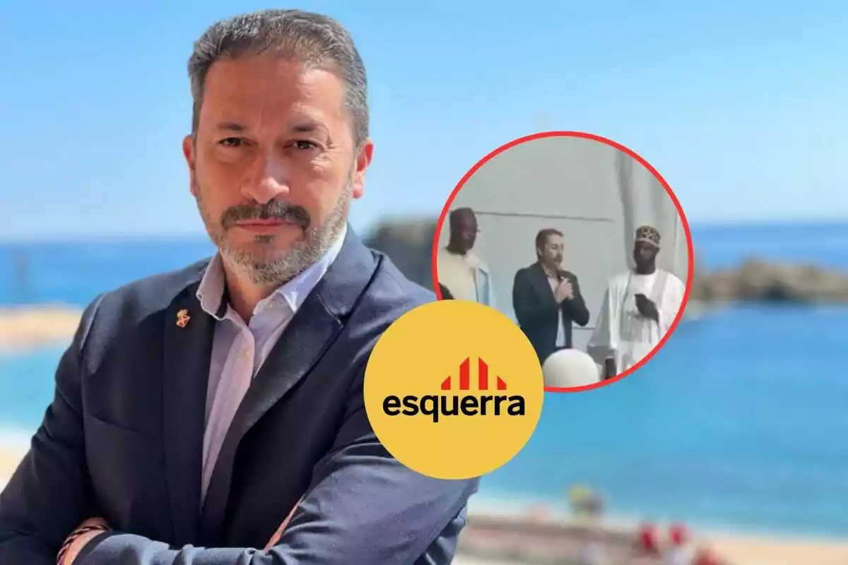 Un hombre con traje oscuro y camisa clara está de pie frente a un fondo de mar y cielo azul, con un logotipo amarillo y rojo de "esquerra" y un recuadro que muestra a varias personas en un evento.