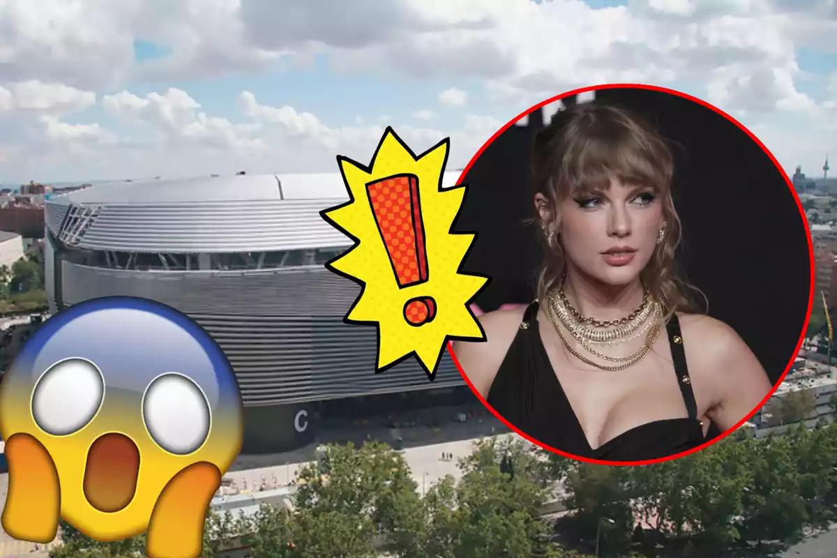 Collage de Taylor Swift y el Santiago Bernabéu