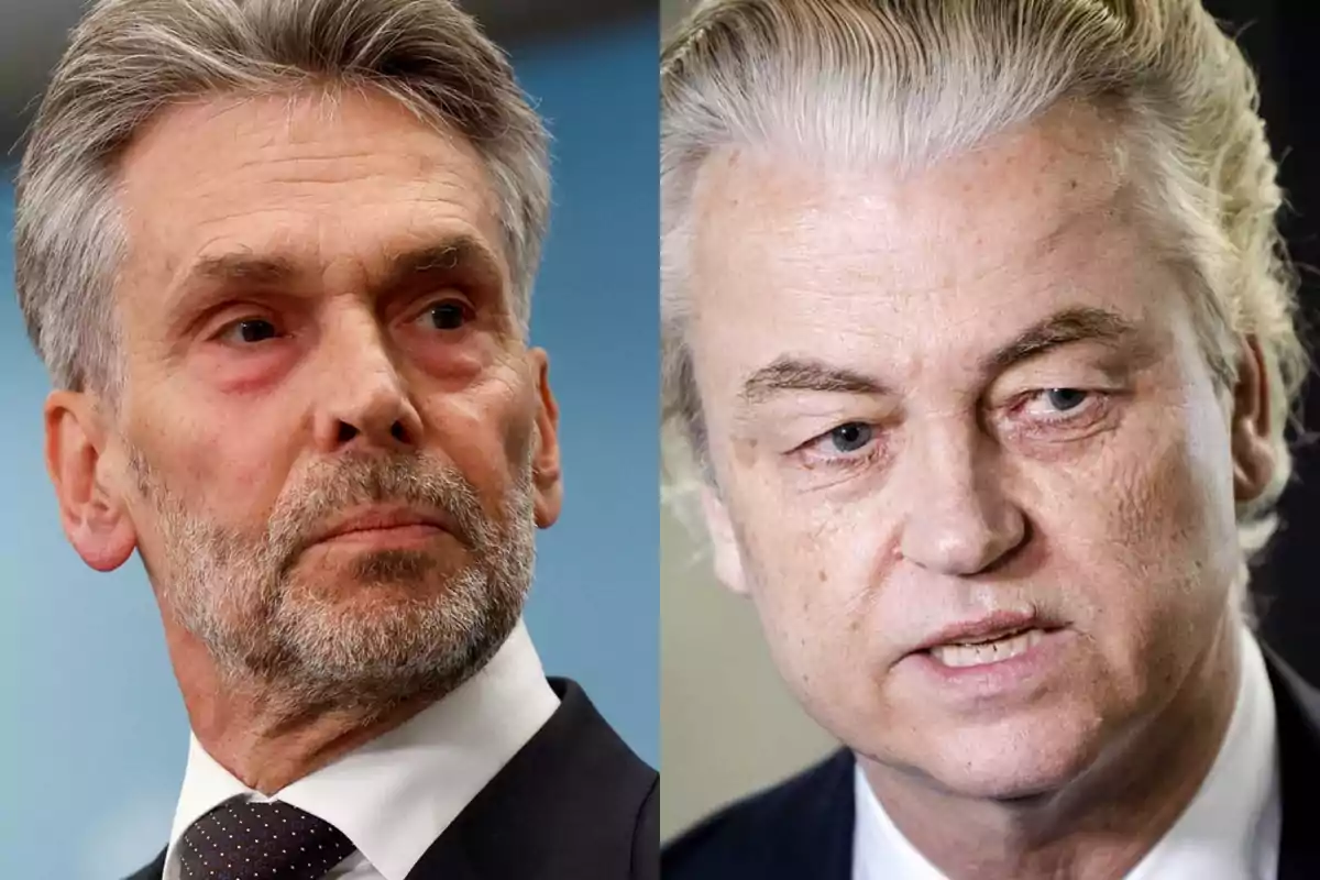 Dos hombres de mediana edad con traje y corbata aparecen en primer plano, uno con barba y cabello canoso a la izquierda y otro con cabello rubio peinado hacia atrás a la derecha