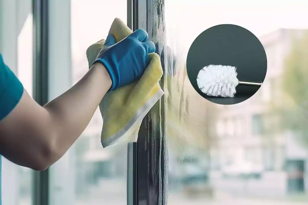 Persona limpiando una ventana con un paño amarillo y guantes azules junto a una imagen de un cepillo de limpieza blanco.