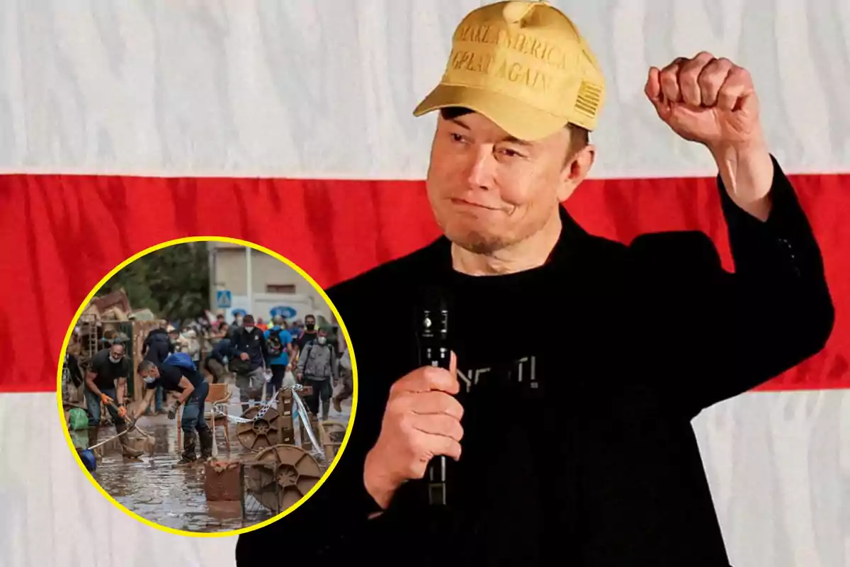 Un hombre con gorra y micrófono levanta el puño frente a una bandera, con una imagen circular de personas trabajando en una zona inundada.