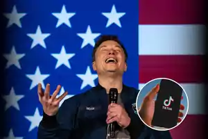 A man laughing with a microphone in front of a United States flag and a box showing a phone with the TikTok logo.