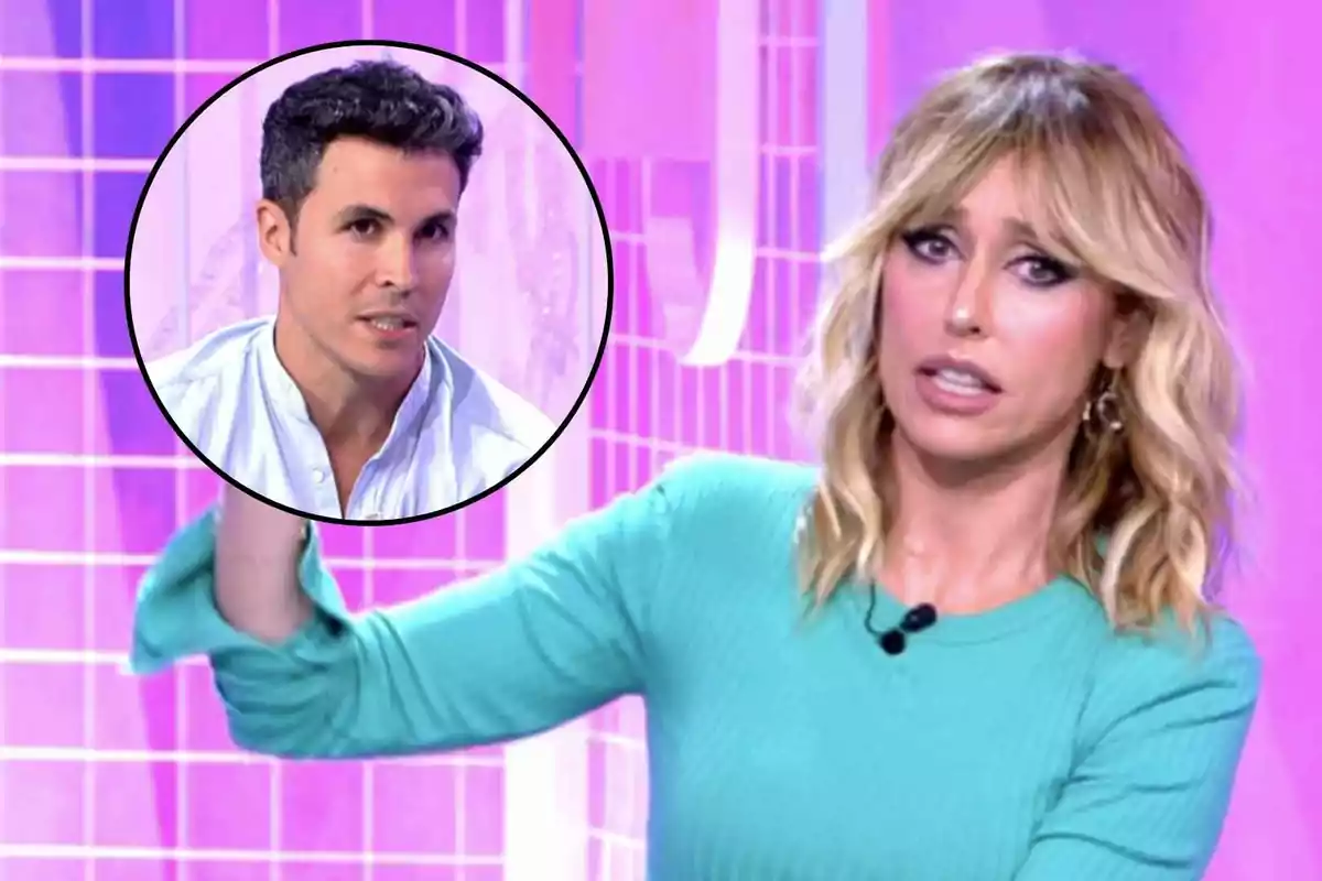 Emma García está en un set de televisión con fondo rosa, señalando hacia un círculo que muestra a Kiko Jiménez.