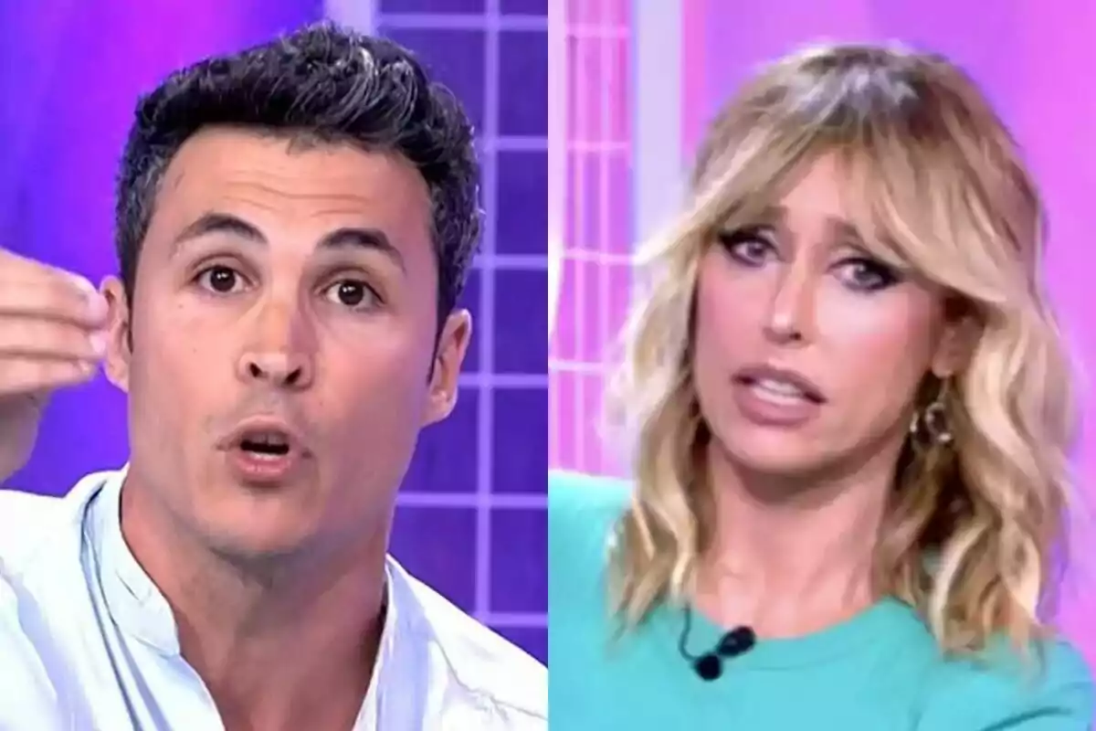 Kiko Jiménez y Emma García en Fiesta con expresiones serias y un fondo de colores morados y rosados. Kiko Jiménez y Emma García en Fiesta con expresiones serias y un fondo de colores morados y rosados.