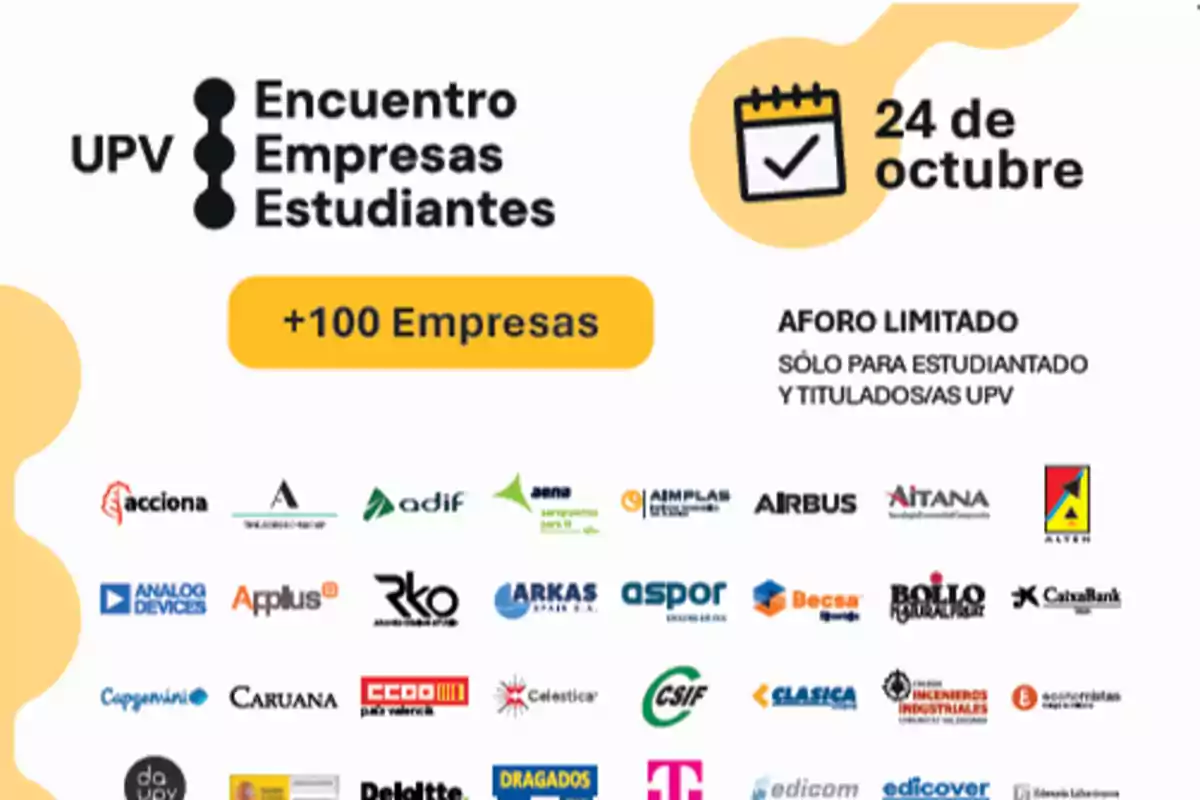 Encuentro UPV Empresas Estudiantes el 24 de octubre con más de 100 empresas y aforo limitado solo para estudiantado y titulados/as UPV.