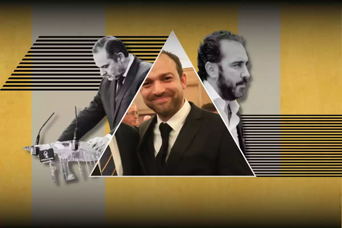 A collage with three images of a man in a suit, one in color and two in black and white, with a background of lines and yellow and gray colors.