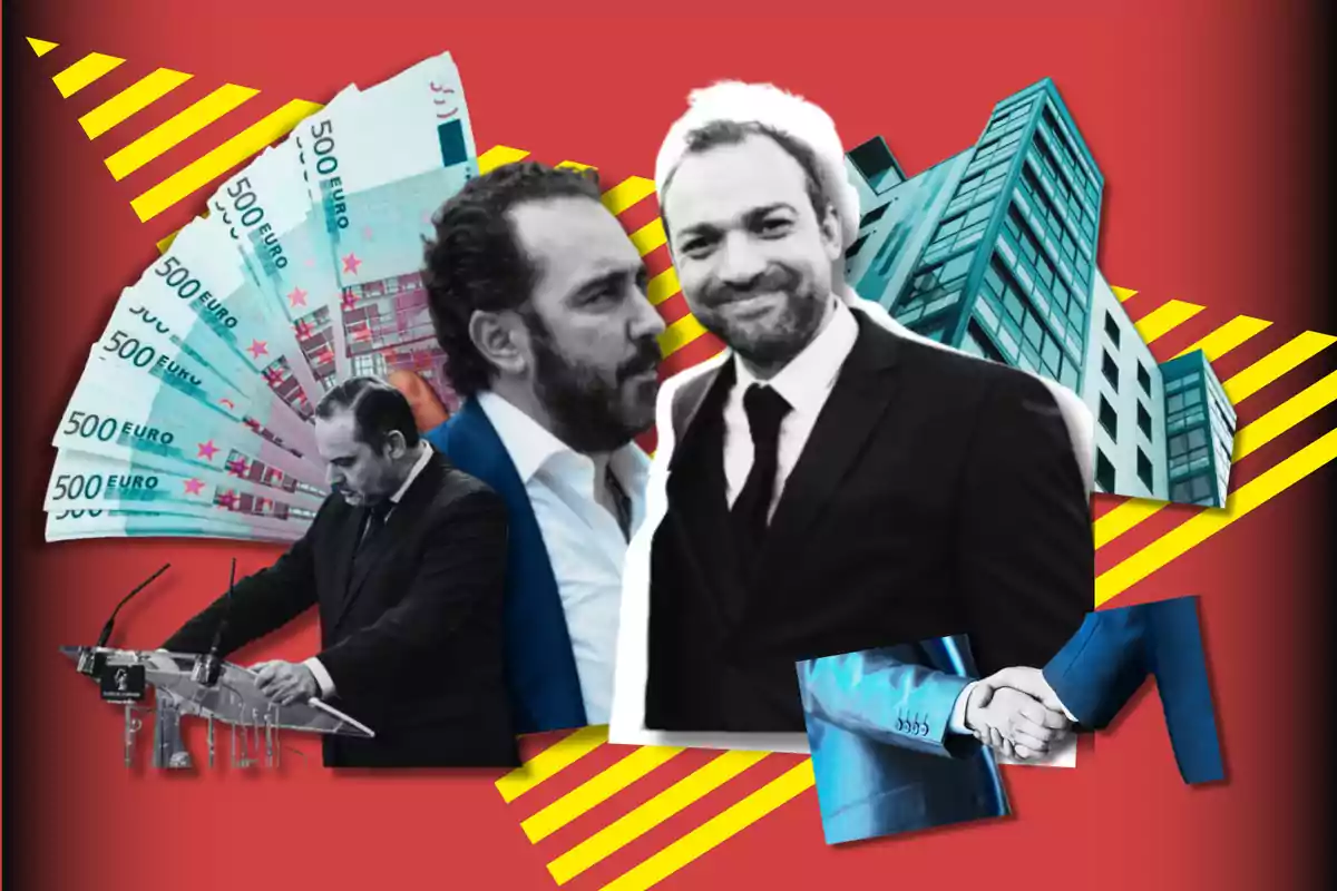 Una composición visual con billetes de 500 euros, dos hombres en traje, un edificio moderno y un apretón de manos sobre un fondo rojo con líneas amarillas.