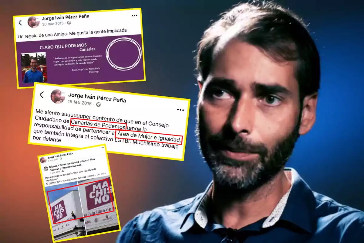 Imagen de un hombre con barba y cabello corto, acompañado de tres capturas de pantalla de publicaciones en redes sociales. Las publicaciones mencionan su participación en "Canarias de Podemos" y su responsabilidad en el "Área de Mujer e Igualdad". Una de las capturas muestra un cartel con el mensaje "Machismo NO".