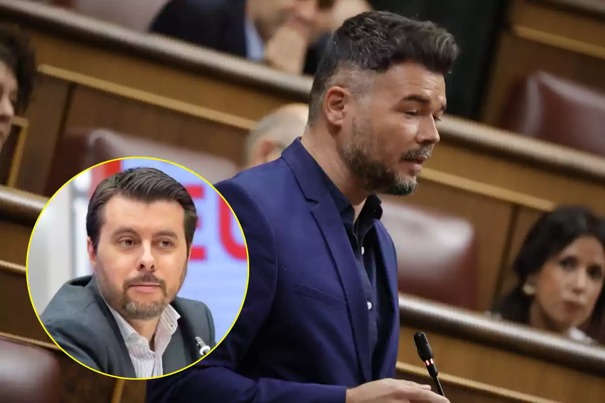 Un hombre hablando en un parlamento con un recuadro que muestra a otro hombre.