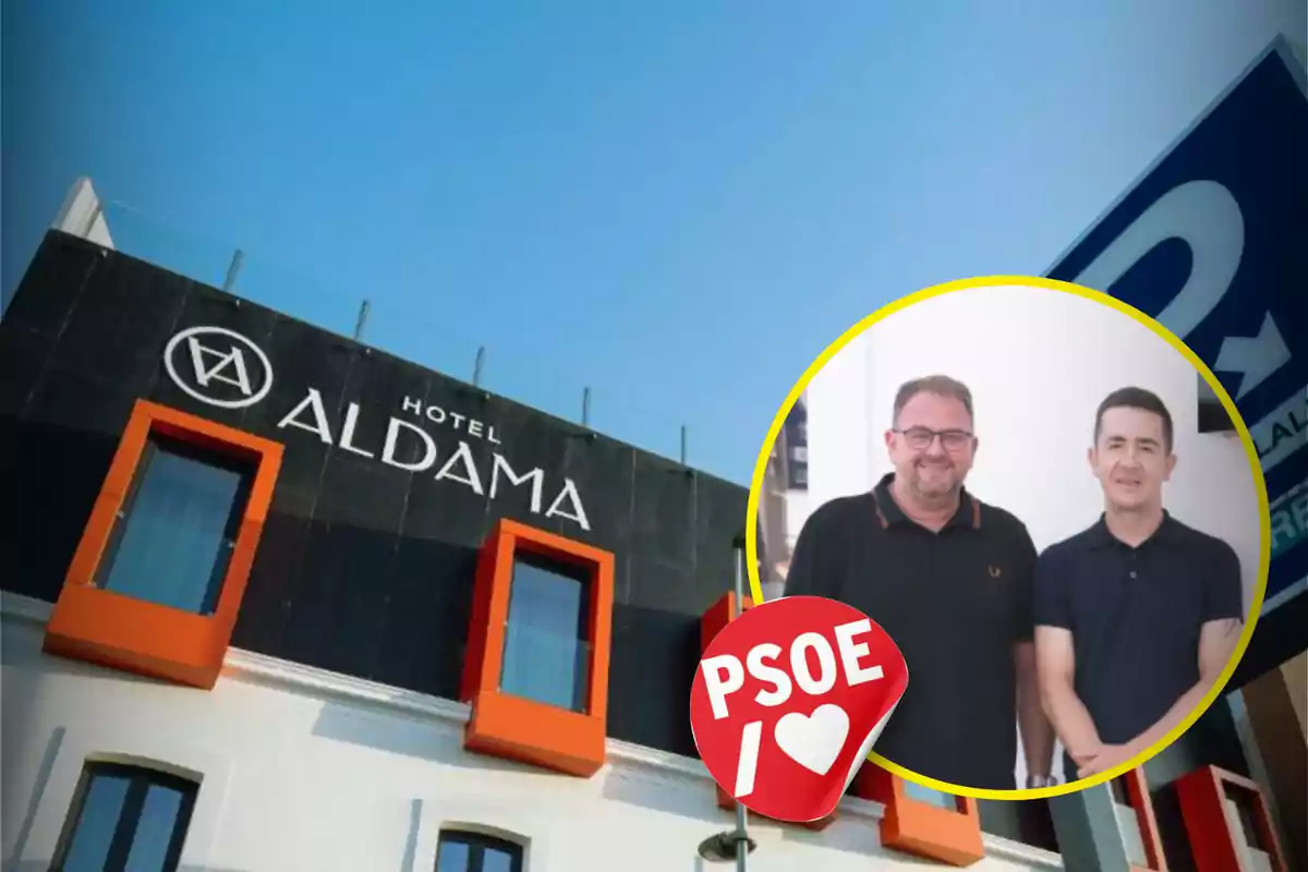 Fachada del Hotel Aldama con un recuadro que muestra a dos personas y un gráfico del PSOE.