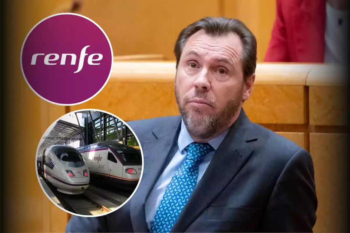 Un hombre con traje y corbata está en un entorno formal, con el logotipo de Renfe y una imagen de trenes en la esquina superior izquierda.