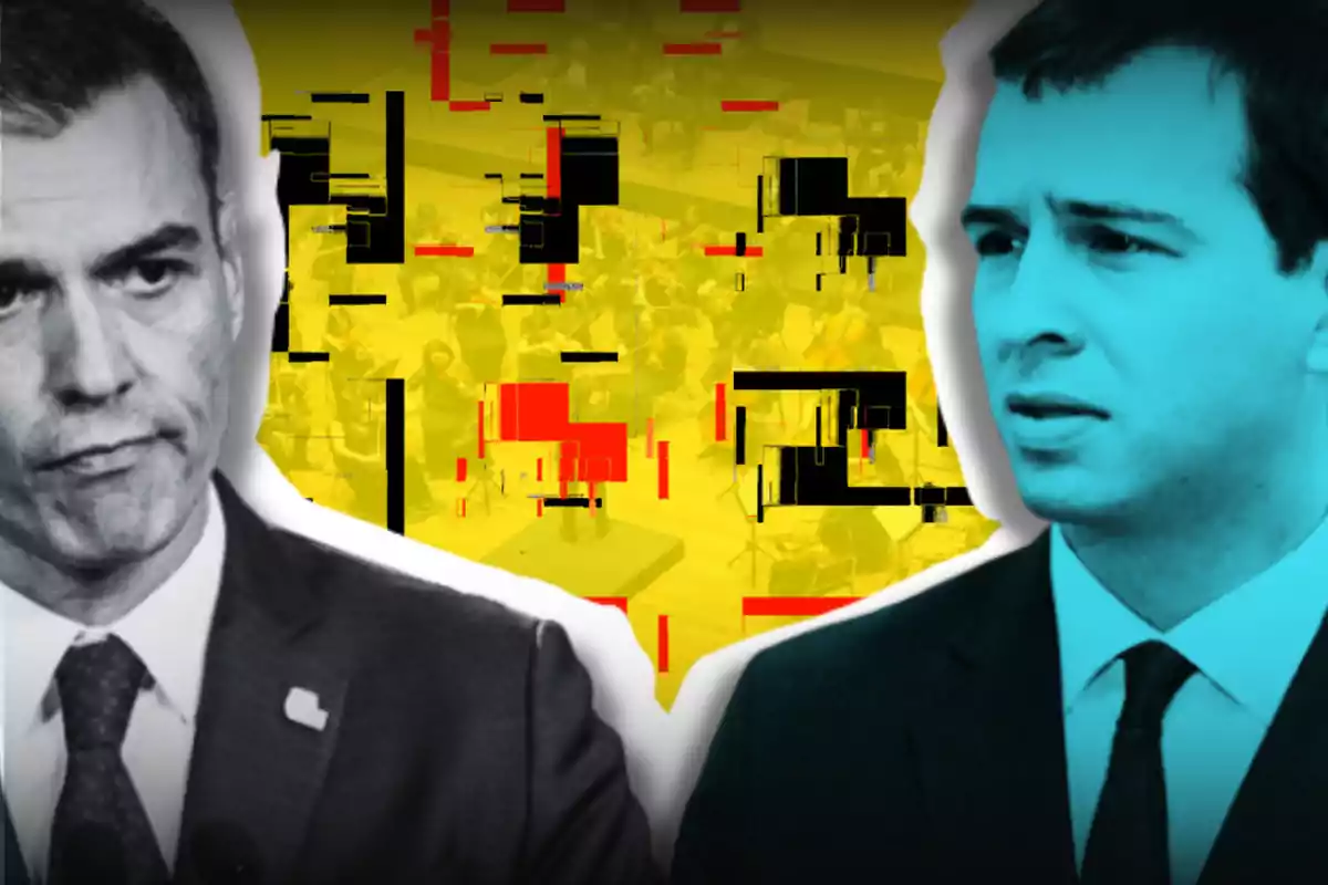 Dos hombres en traje con expresiones serias, fondo abstracto con colores amarillo, rojo y negro.